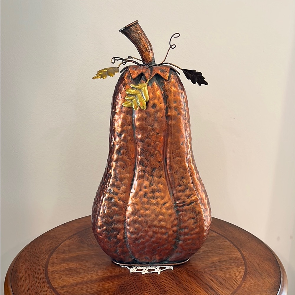 Large Metal Copper Tone Gourd Pumkin Leaves Fall Thanksgiving Centerpiece Decor
